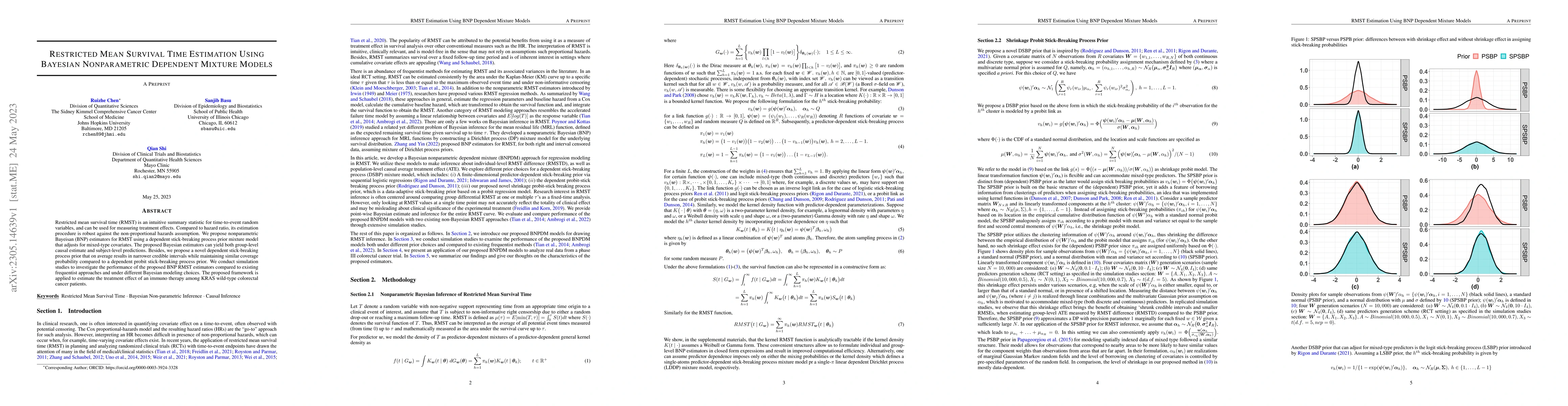 Thumbnail for Restricted Mean Survival Time Estimation Using Bayesian Nonparametric
  Dependent Mixture Models