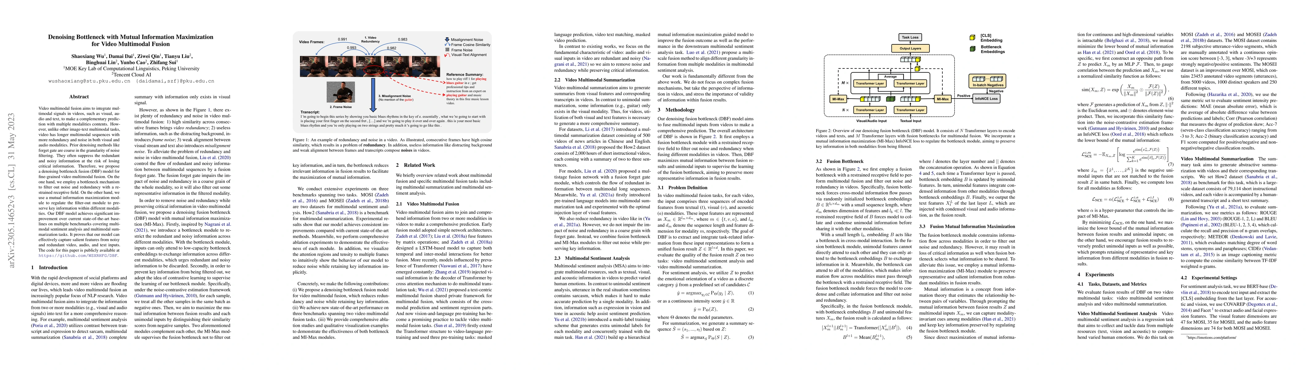 Thumbnail for Denoising Bottleneck with Mutual Information Maximization for Video
  Multimodal Fusion