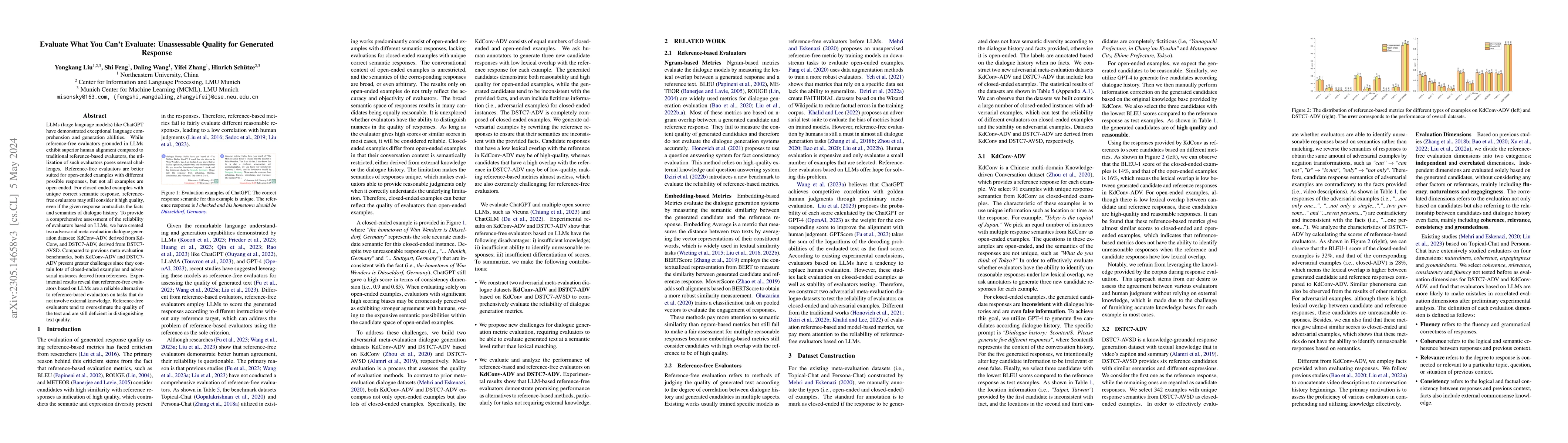 Thumbnail for Evaluate What You Can't Evaluate: Unassessable Quality for Generated
  Response