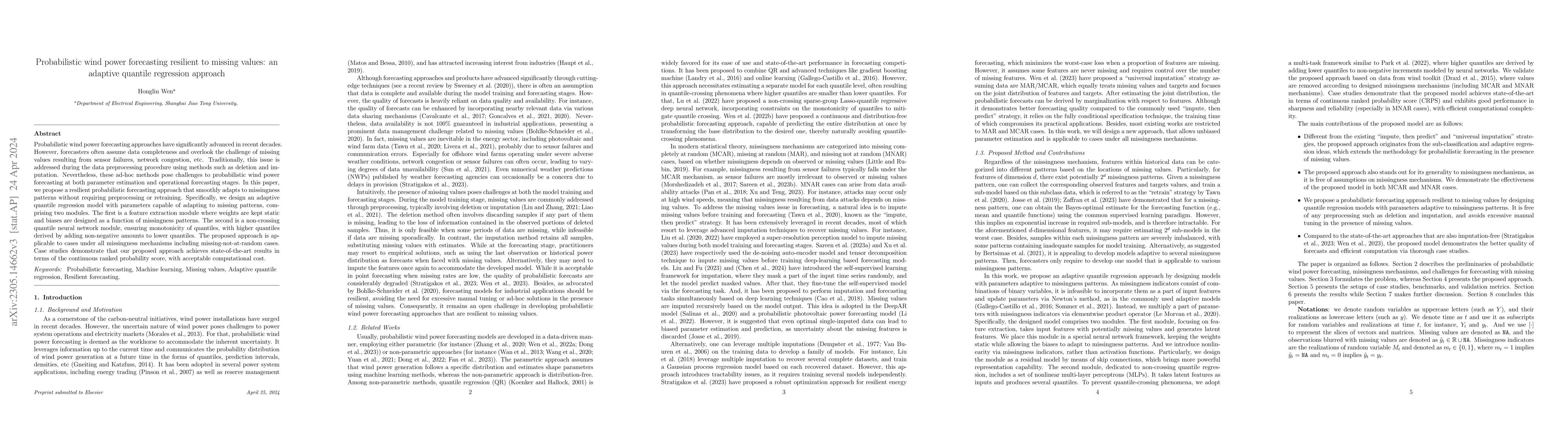 Thumbnail for Probabilistic wind power forecasting resilient to missing values: an
  adaptive quantile regression approach