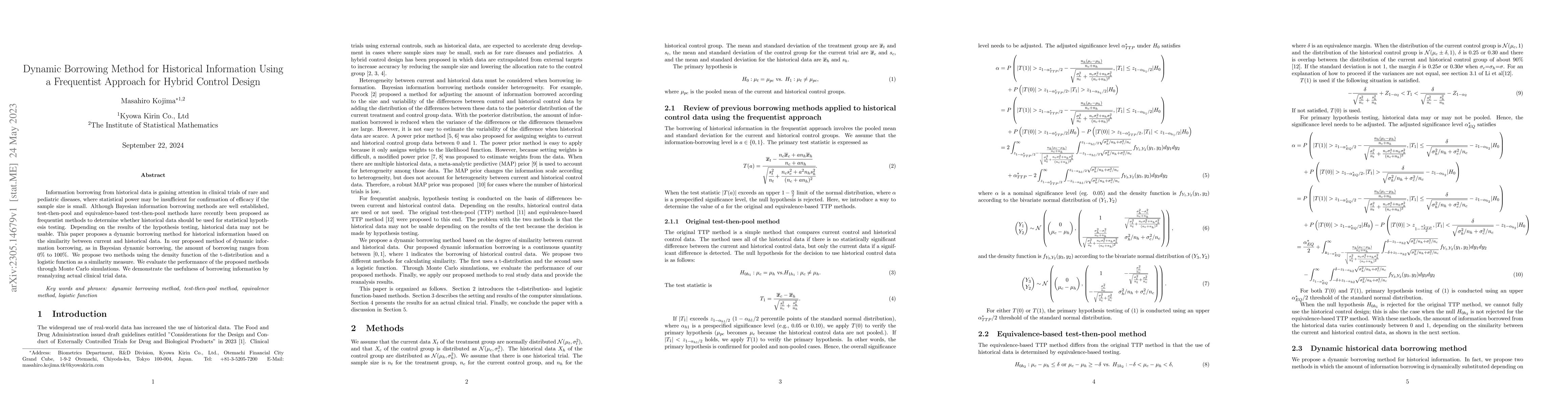 Thumbnail for Dynamic Borrowing Method for Historical Information Using a Frequentist
  Approach for Hybrid Control Design