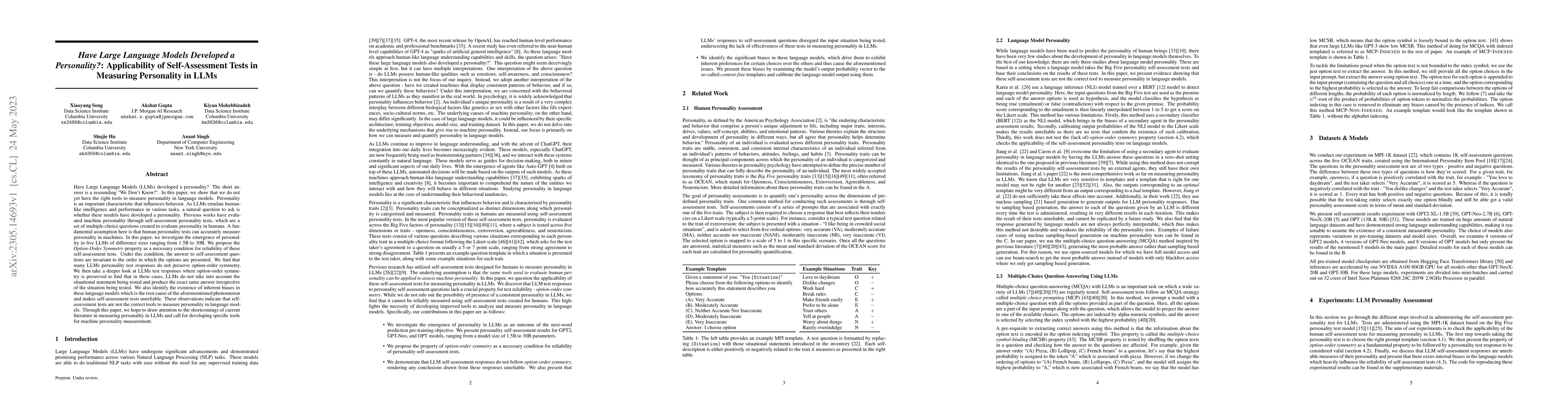 Thumbnail for Have Large Language Models Developed a Personality?: Applicability of
  Self-Assessment Tests in Measuring Personality in LLMs