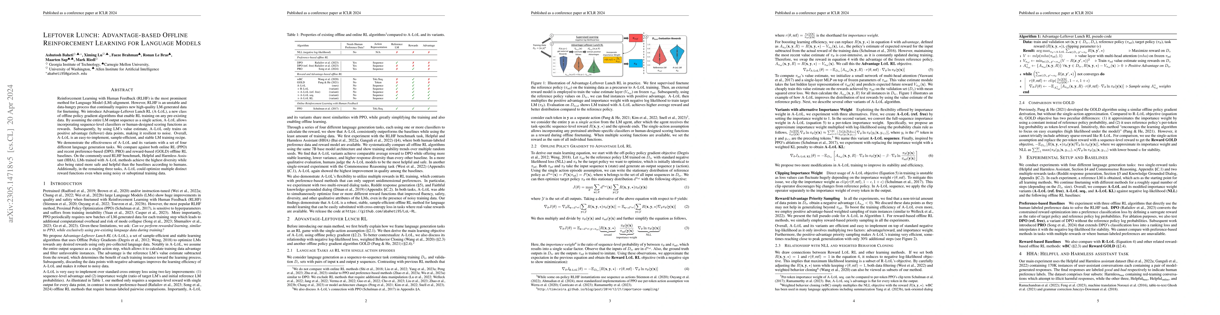 Thumbnail for Leftover Lunch: Advantage-based Offline Reinforcement Learning for
  Language Models