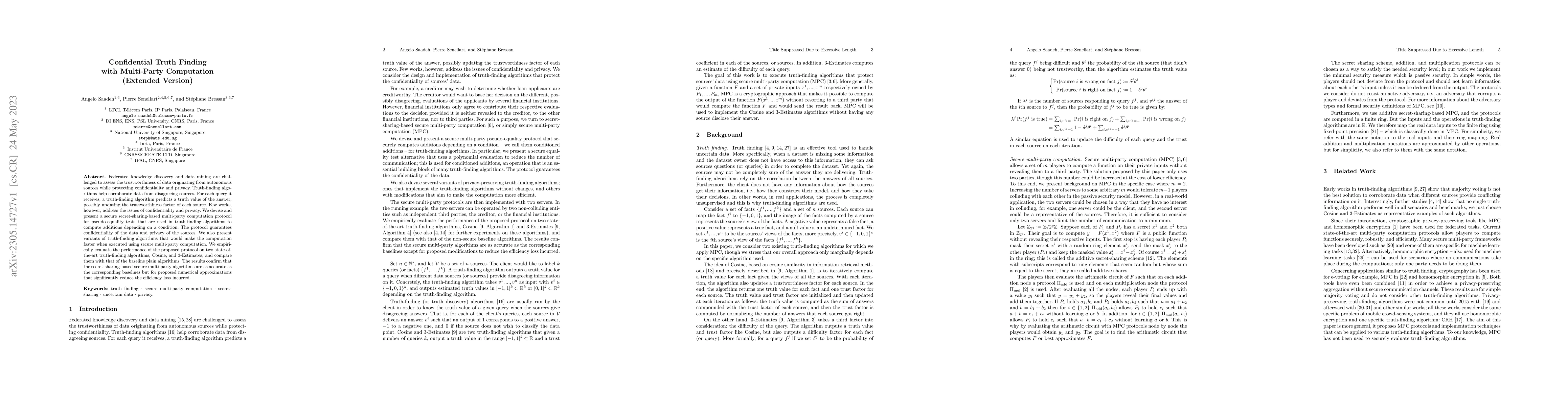 Thumbnail for Confidential Truth Finding with Multi-Party Computation (Extended
  Version)