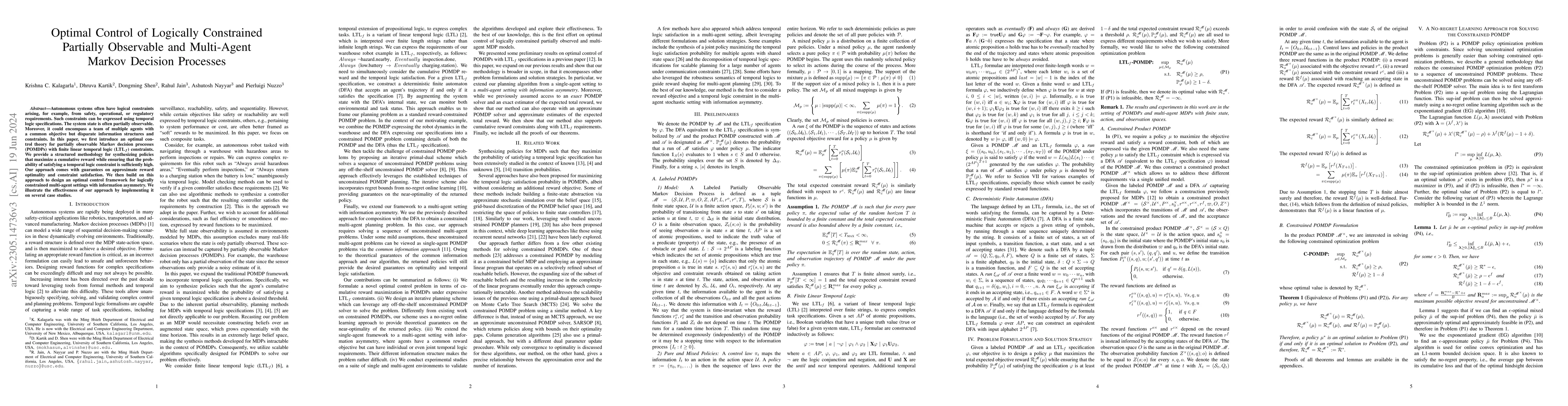 Thumbnail for Optimal Control of Logically Constrained Partially Observable and
  Multi-Agent Markov Decision Processes