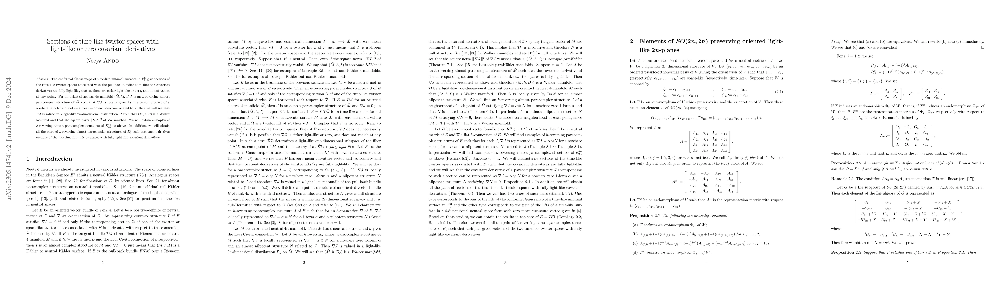 Thumbnail for Sections of time-like twistor spaces with light-like or zero covariant
  derivatives