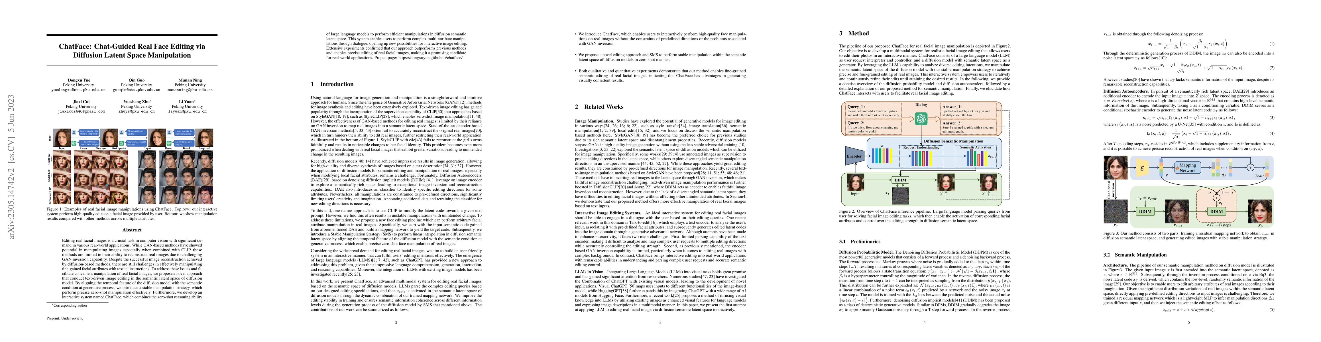 Thumbnail for ChatFace: Chat-Guided Real Face Editing via Diffusion Latent Space
  Manipulation