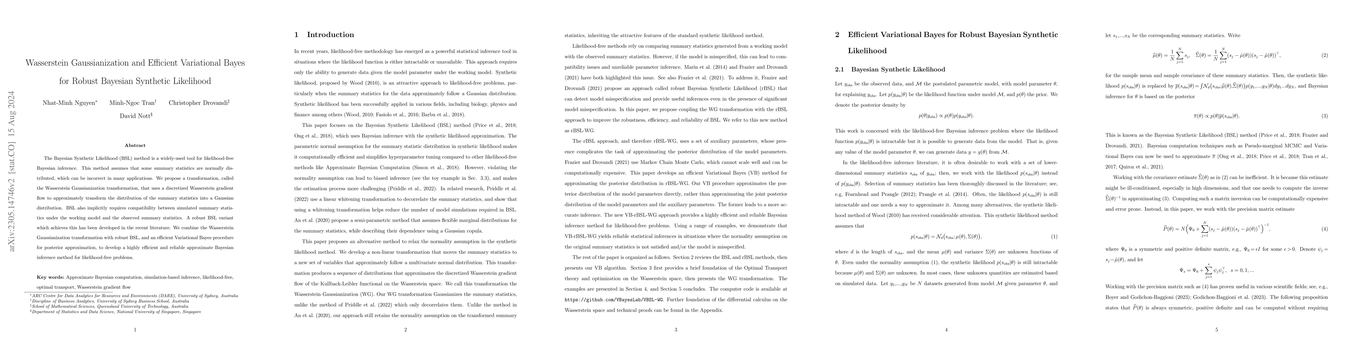 Thumbnail for Wasserstein Gaussianization and Efficient Variational Bayes for Robust
  Bayesian Synthetic Likelihood