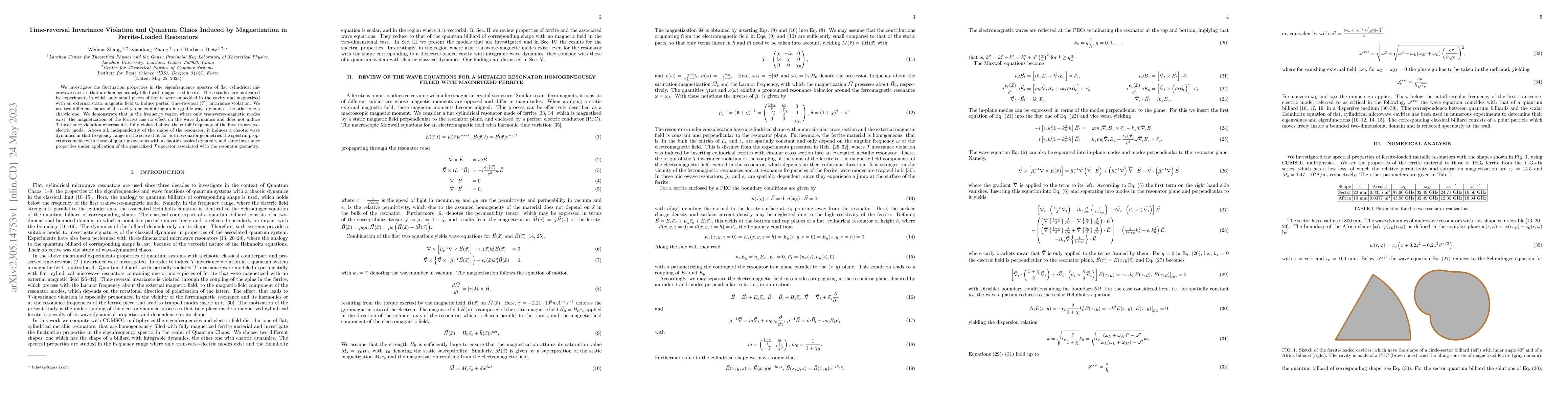 Thumbnail for Time-reversal Invariance Violation and Quantum Chaos Induced by
  Magnetization in Ferrite-Loaded Resonators