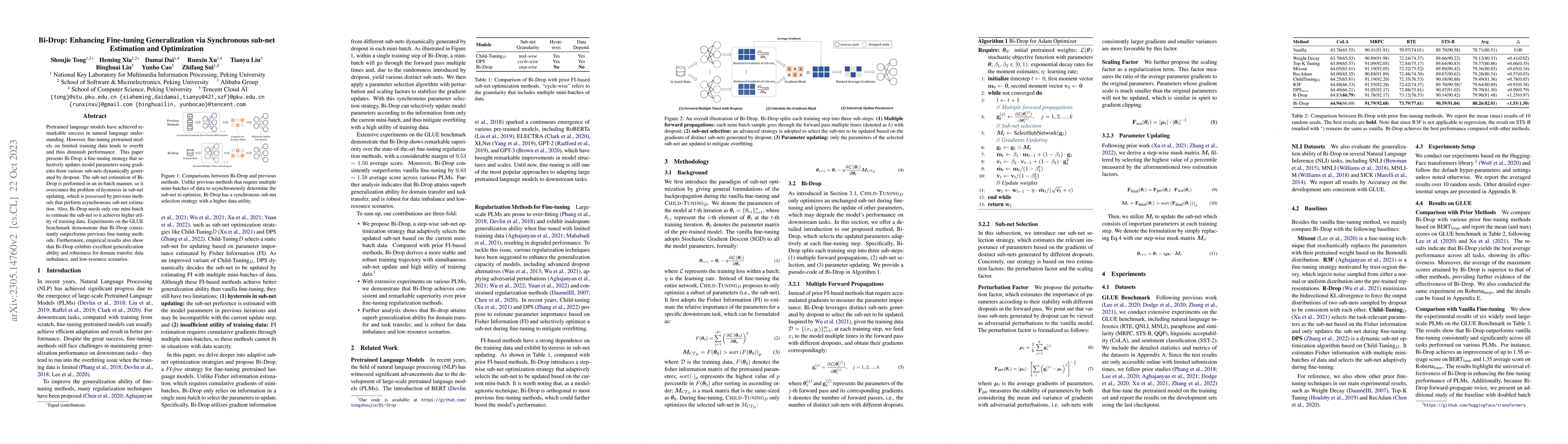 Thumbnail for Bi-Drop: Enhancing Fine-tuning Generalization via Synchronous sub-net
  Estimation and Optimization