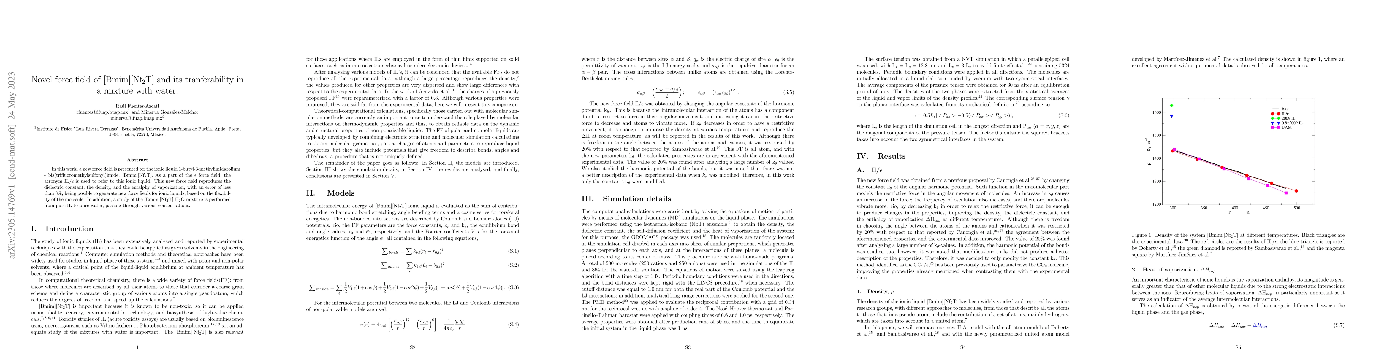 Thumbnail for Novel force field of [Bmim][Nf$_2$T] and its tranferability in a mixture
  with water