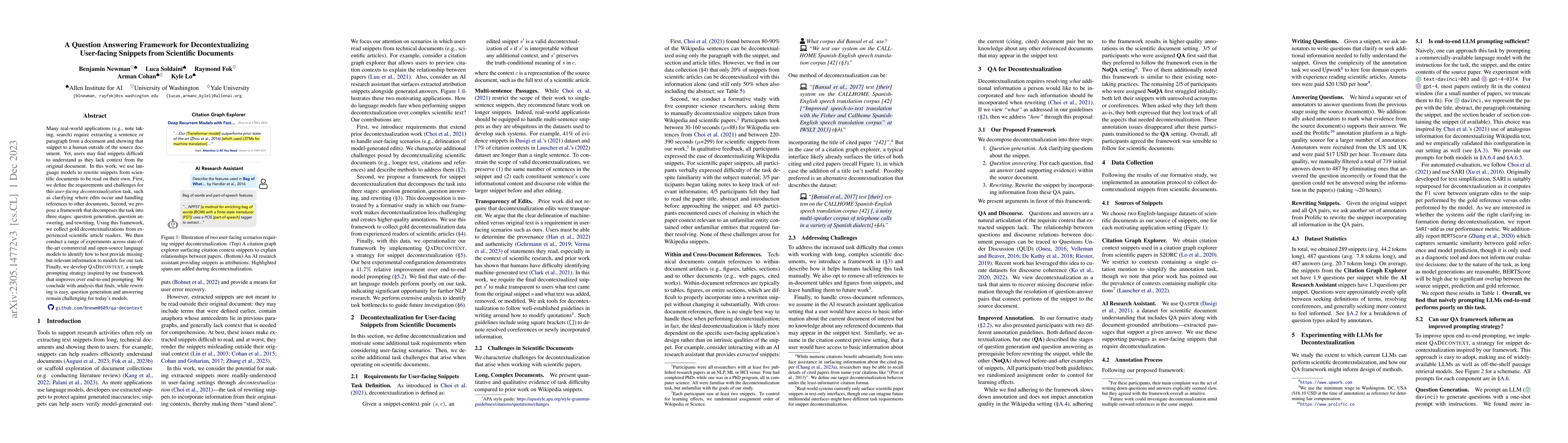 Thumbnail for A Question Answering Framework for Decontextualizing User-facing
  Snippets from Scientific Documents