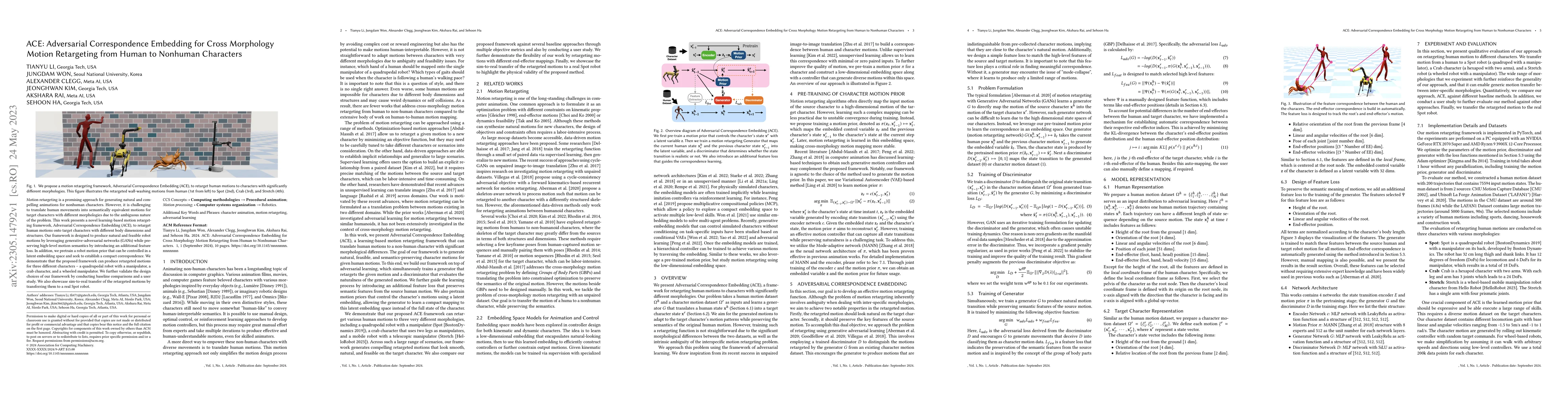 Thumbnail for ACE: Adversarial Correspondence Embedding for Cross Morphology Motion
  Retargeting from Human to Nonhuman Characters