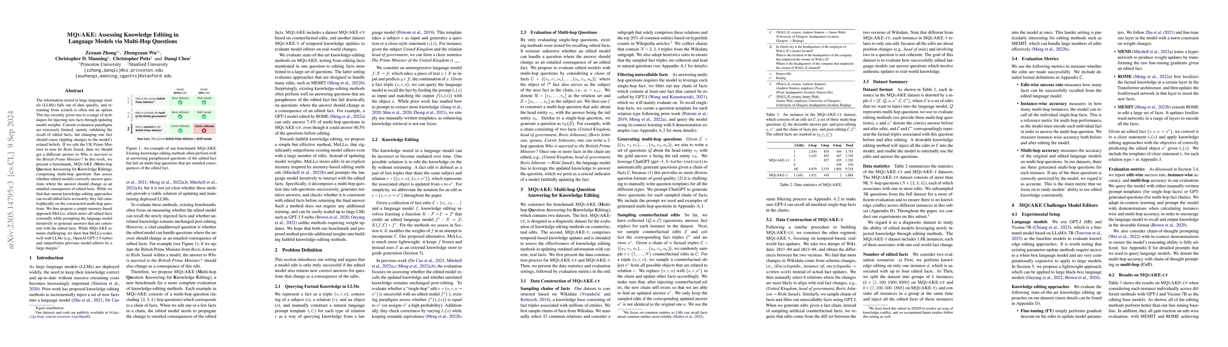 Thumbnail for MQuAKE: Assessing Knowledge Editing in Language Models via Multi-Hop
  Questions