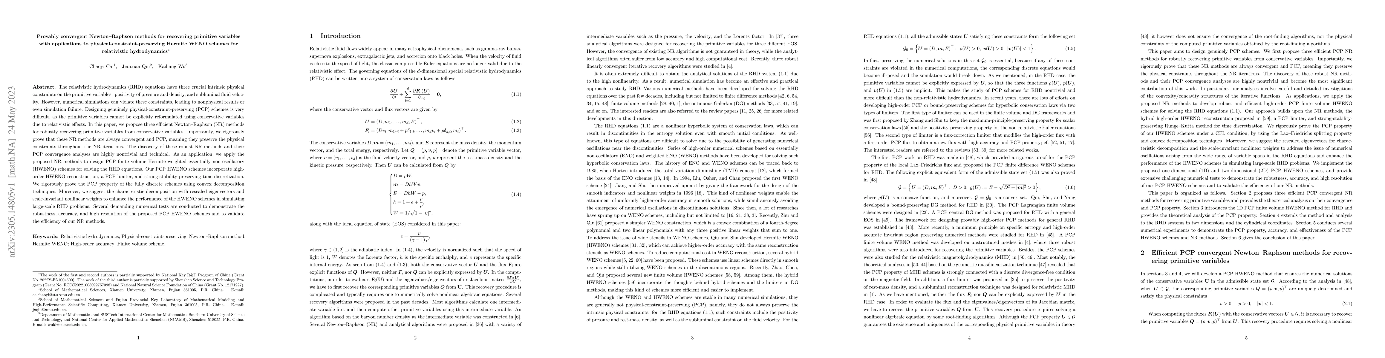 Thumbnail for Provably convergent Newton-Raphson methods for recovering primitive
  variables with applications to physical-constraint-preserving Hermite WENO
  schemes for relativistic hydrodynamics