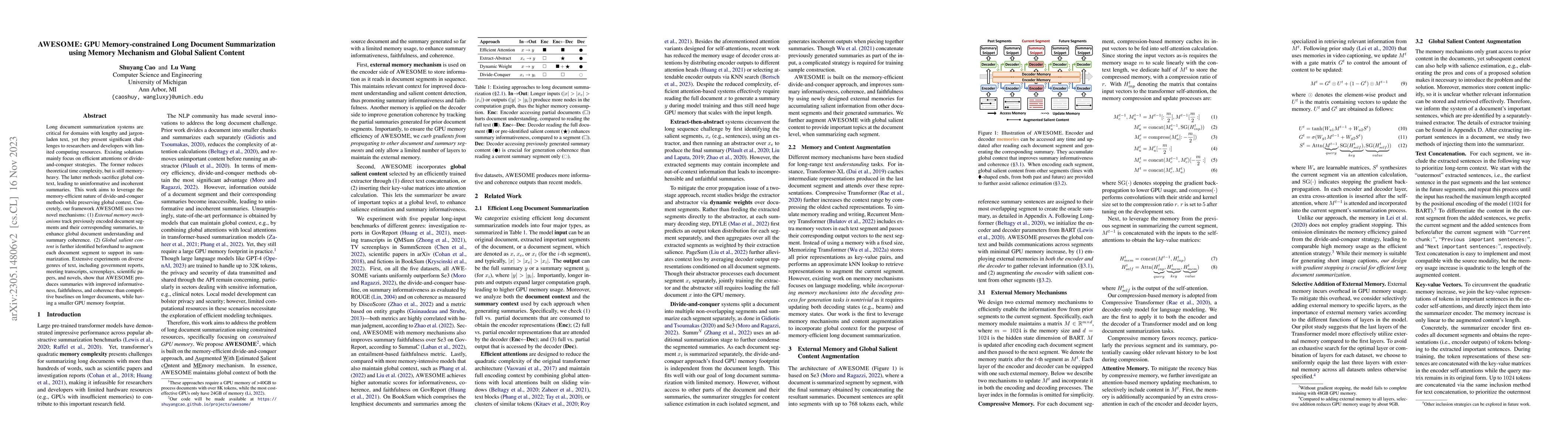 Thumbnail for AWESOME: GPU Memory-constrained Long Document Summarization using Memory
  Mechanism and Global Salient Content