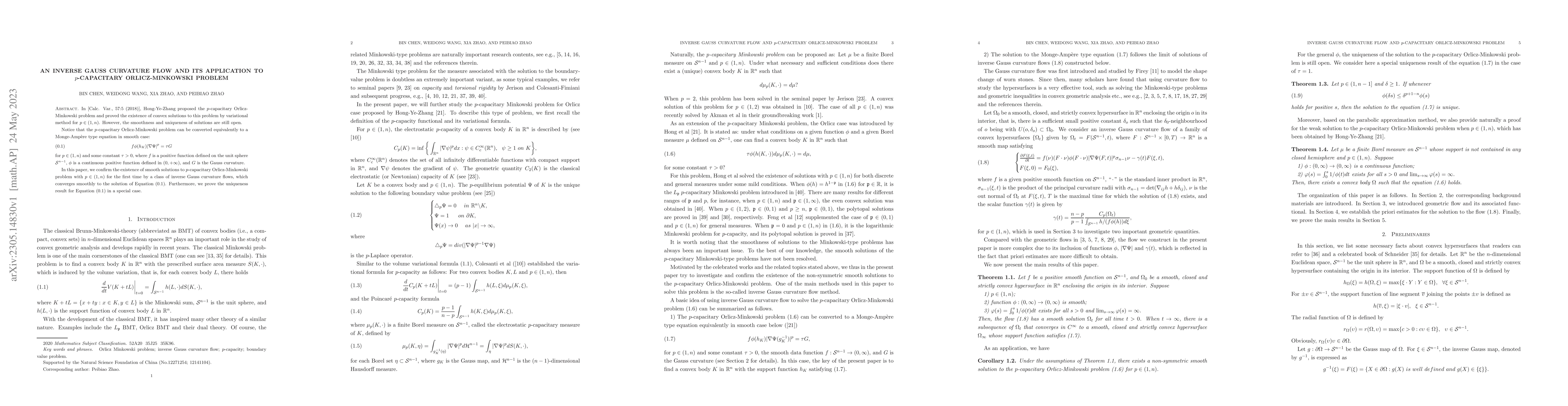 Thumbnail for An inverse Gauss curvature flow and its application to p-capacitary
  Orlicz-Minkowski problem