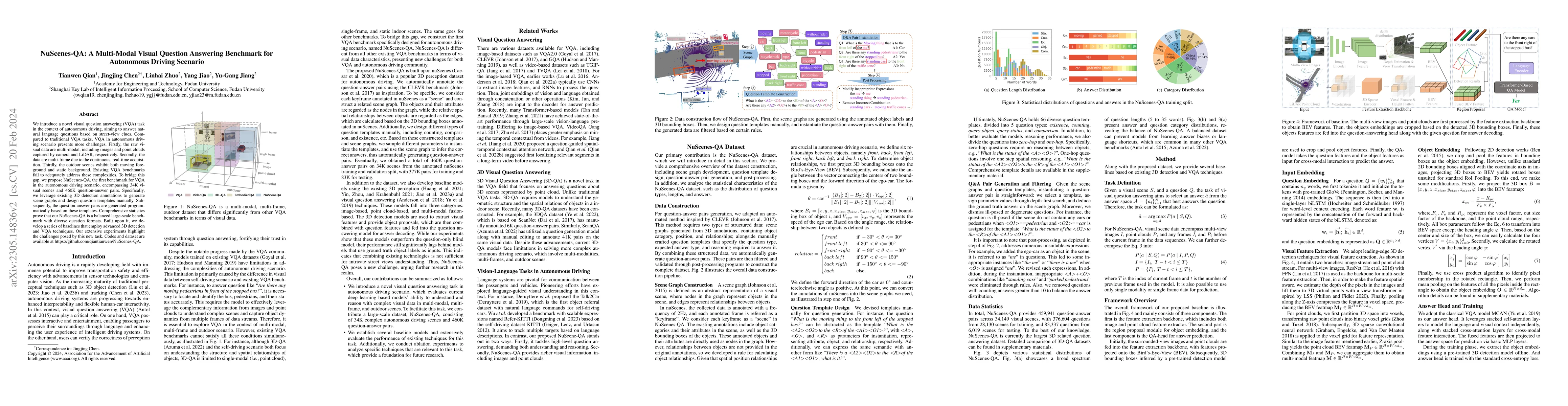 Thumbnail for NuScenes-QA: A Multi-modal Visual Question Answering Benchmark for
  Autonomous Driving Scenario