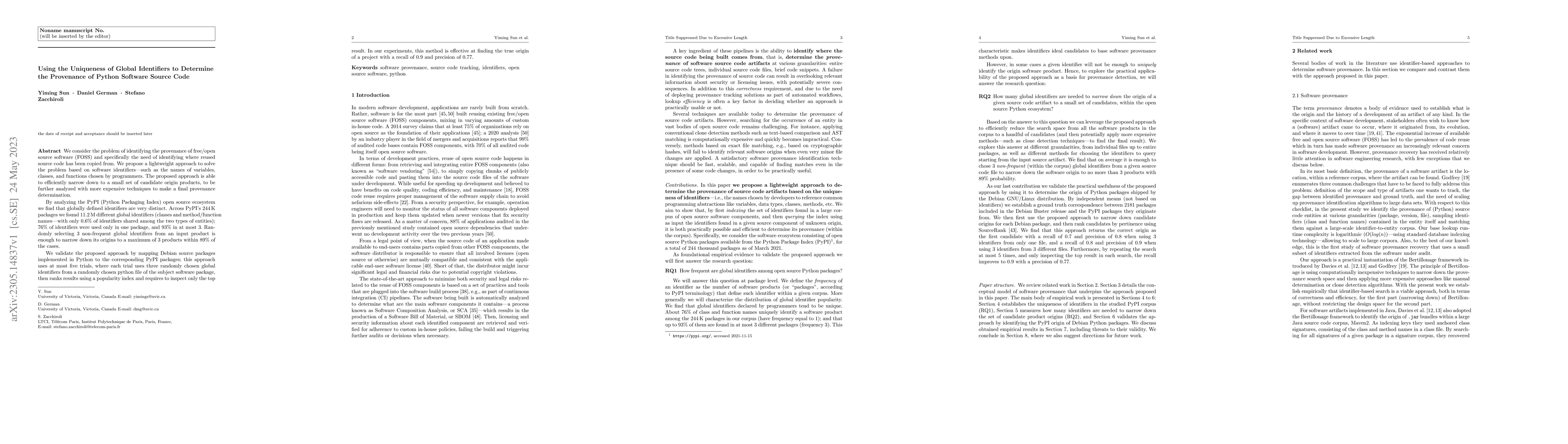 Thumbnail for Using the Uniqueness of Global Identifiers to Determine the Provenance
  of Python Software Source Code