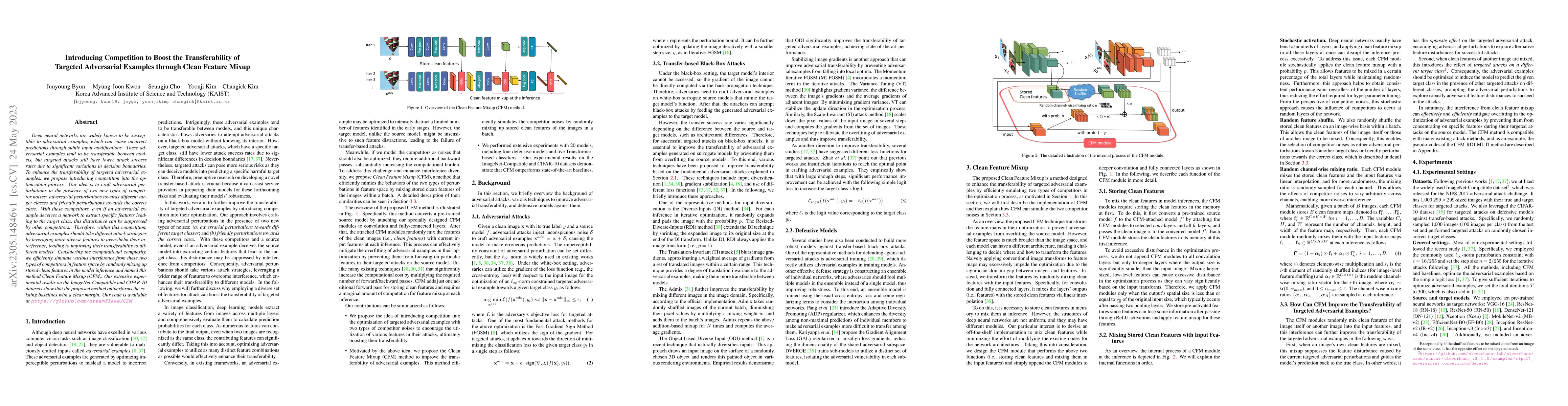 Thumbnail for Introducing Competition to Boost the Transferability of Targeted
  Adversarial Examples through Clean Feature Mixup