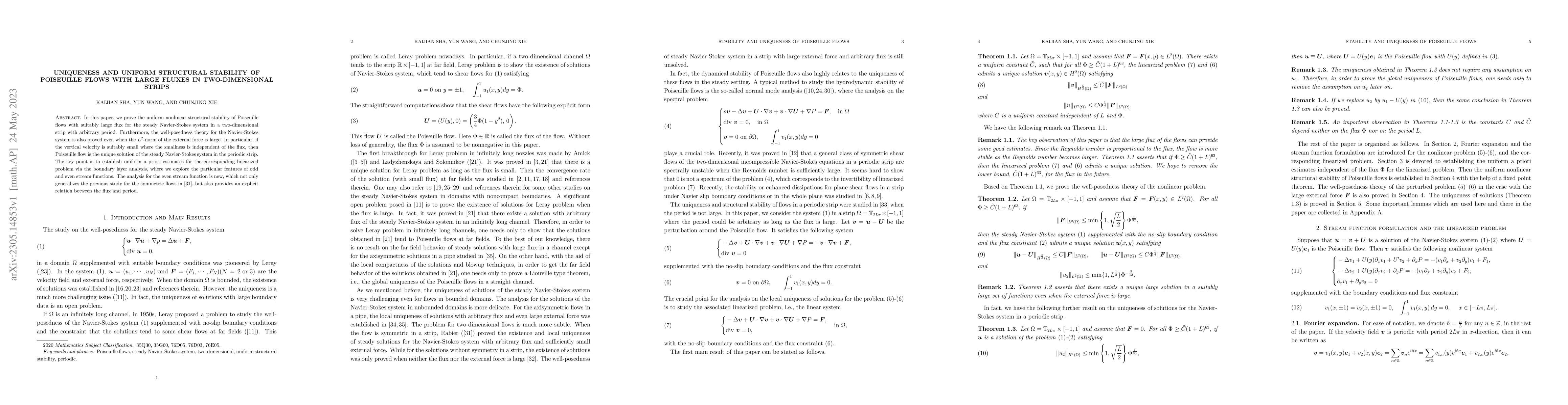Thumbnail for Uniqueness and uniform structural stability of Poiseuille flows with
  large fluxes in two-dimensional strips