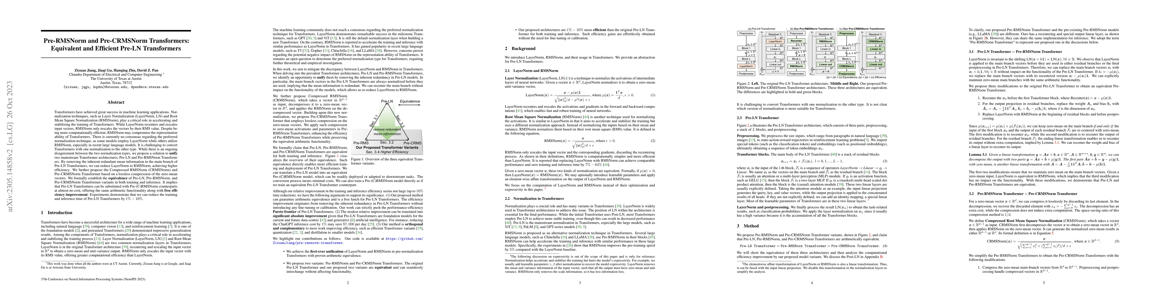 Thumbnail for Pre-RMSNorm and Pre-CRMSNorm Transformers: Equivalent and Efficient
  Pre-LN Transformers