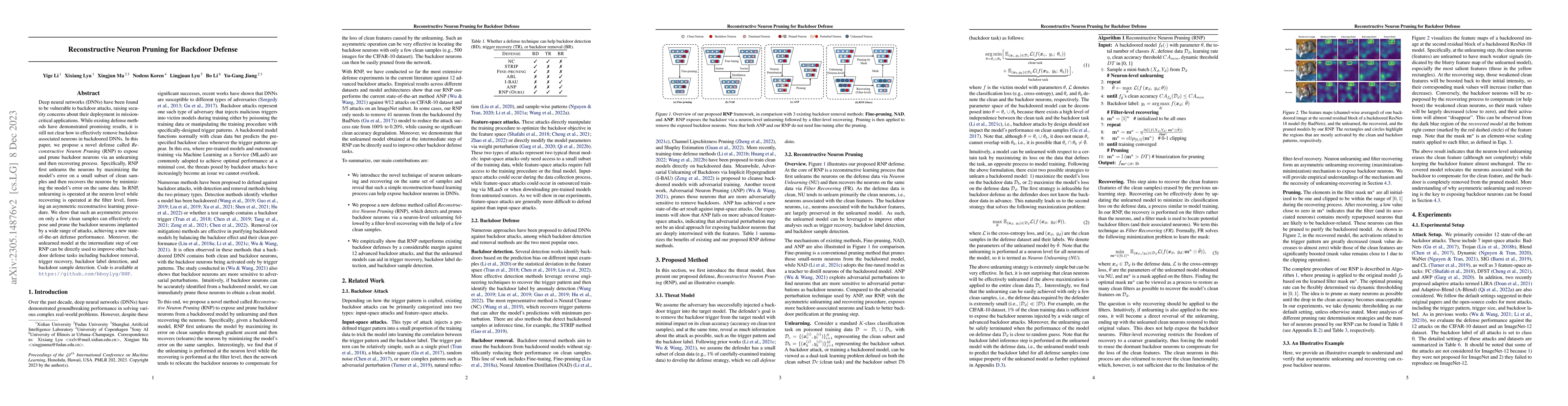 Thumbnail for Reconstructive Neuron Pruning for Backdoor Defense