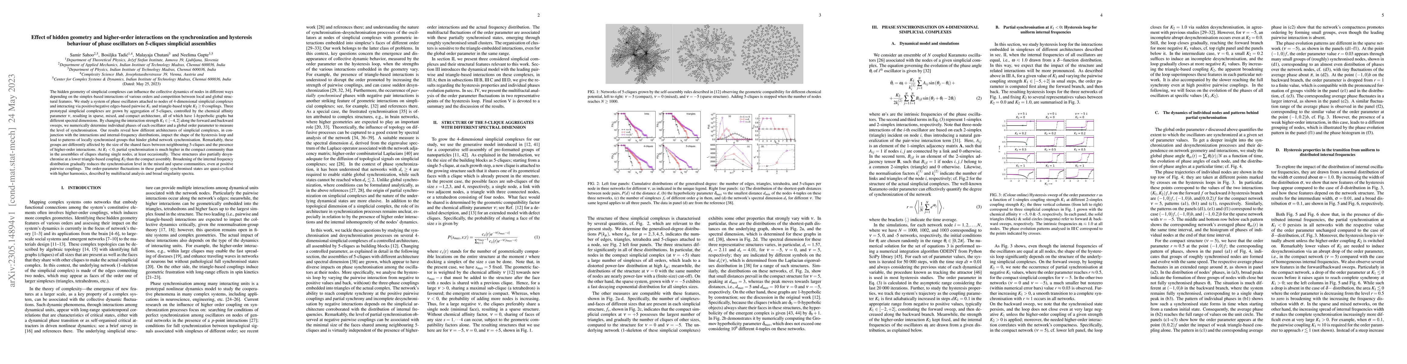 Thumbnail for Effect of hidden geometry and higher-order interactions on the
  synchronization and hysteresis behaviour of phase oscillators on 5-cliques
  simplicial assemblies