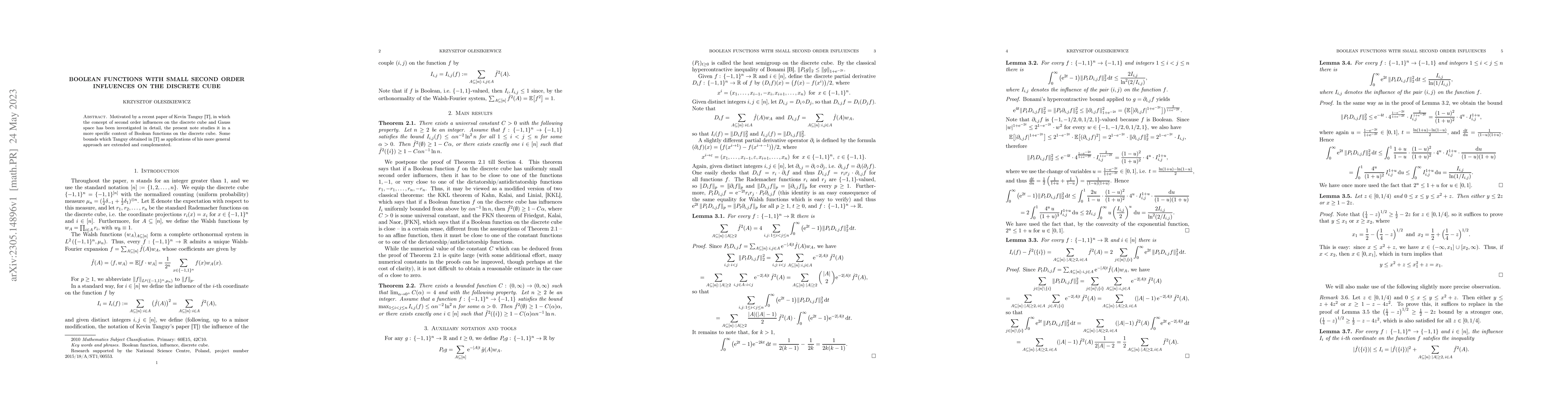 Thumbnail for Boolean functions with small second order influences on the discrete
  cube