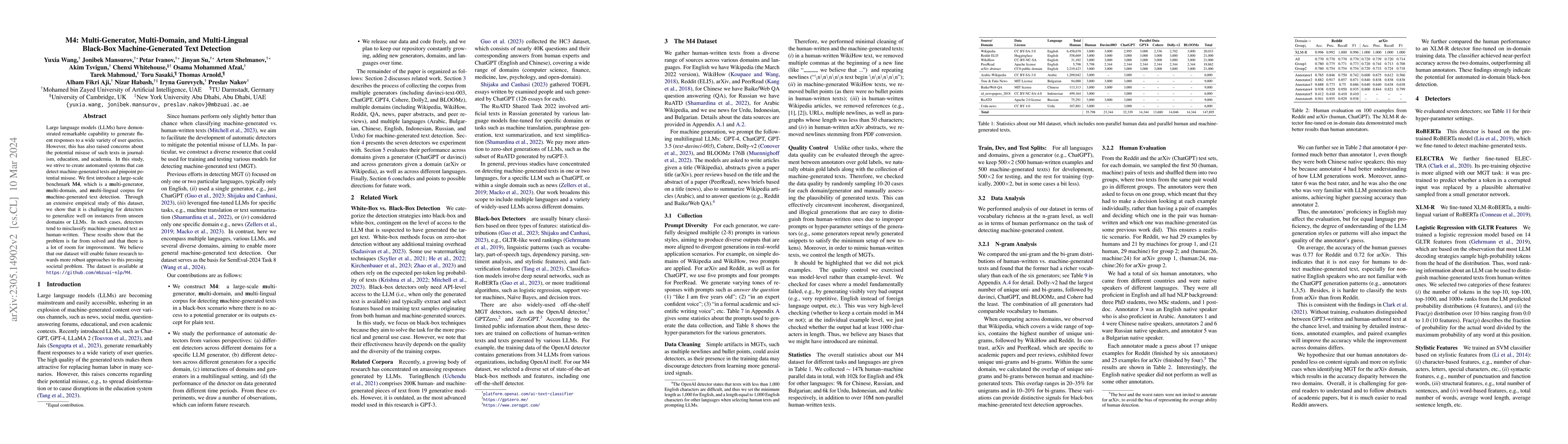 Thumbnail for M4: Multi-generator, Multi-domain, and Multi-lingual Black-Box
  Machine-Generated Text Detection