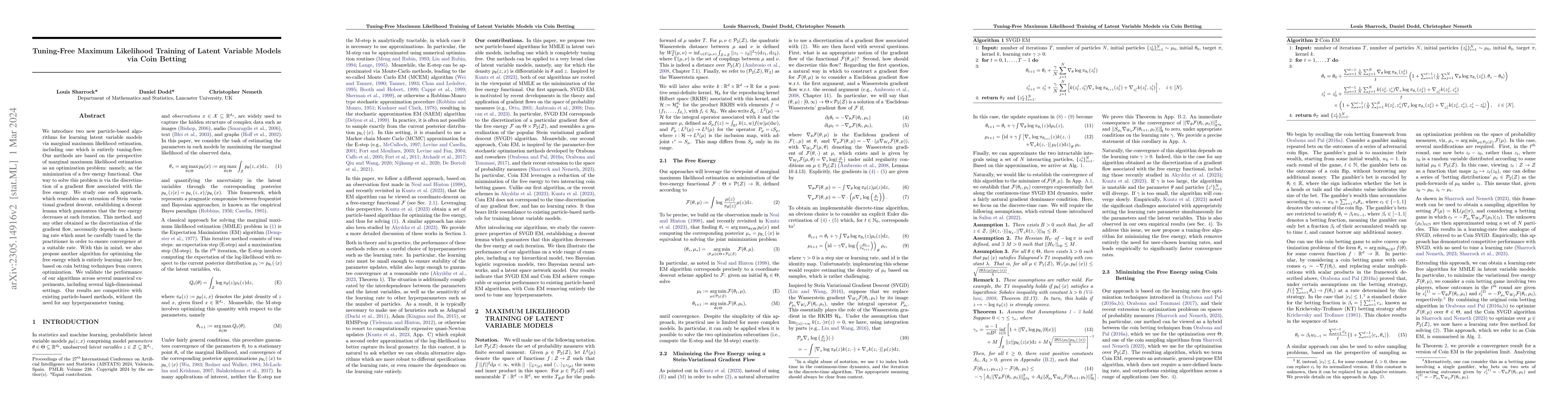 Thumbnail for Tuning-Free Maximum Likelihood Training of Latent Variable Models via
  Coin Betting