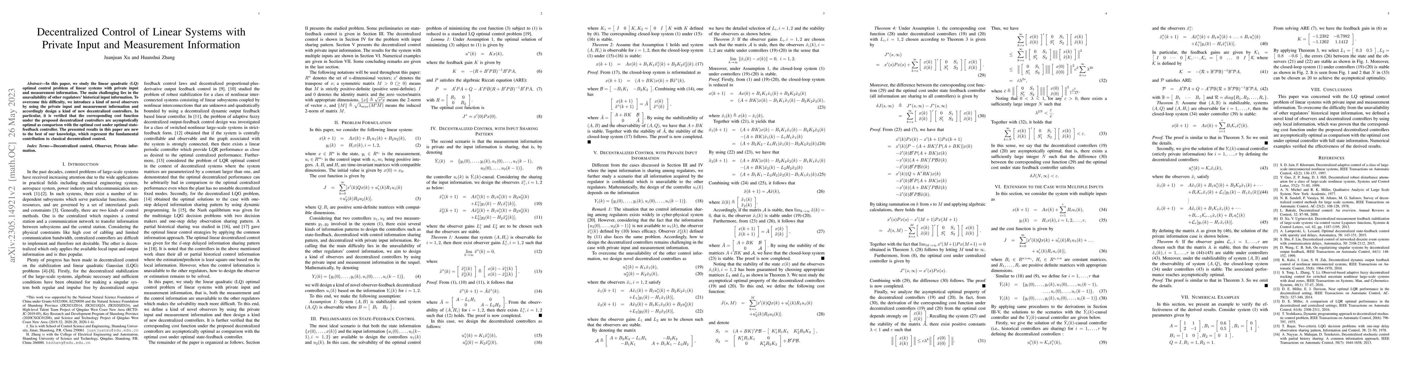 Thumbnail for Decentralized Control of Linear Systems with Private Input and
  Measurement Information