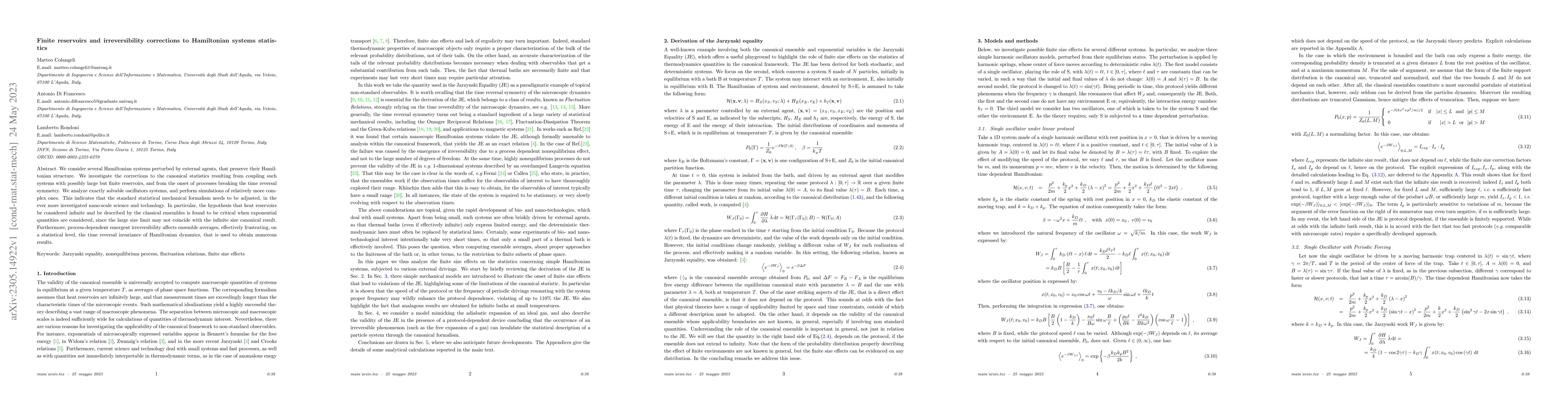 Thumbnail for Finite reservoirs and irreversibility corrections to Hamiltonian systems
  statistics