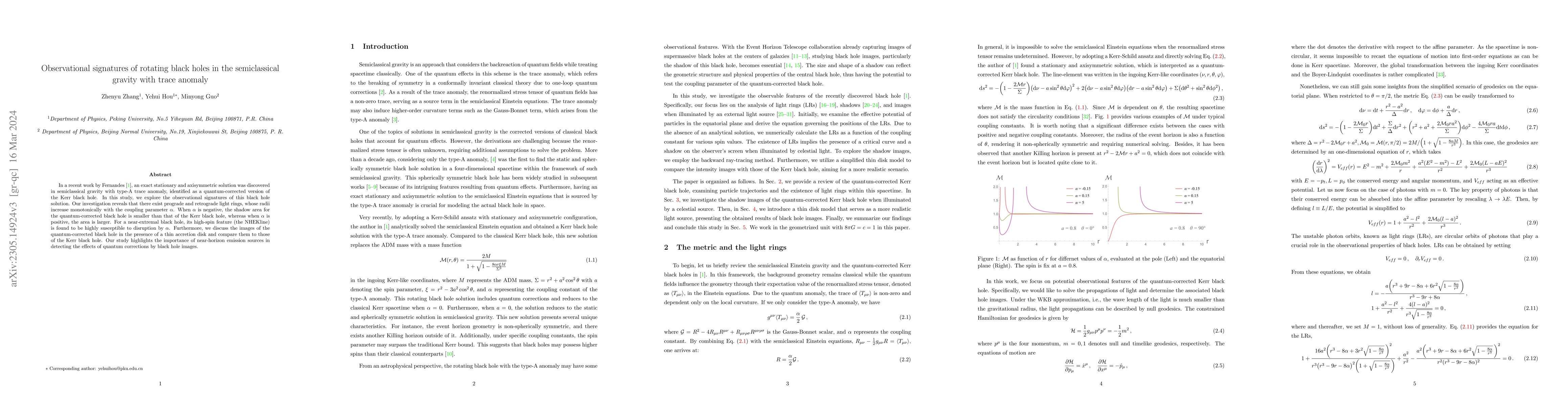 Thumbnail for Observational signatures of rotating black holes in the semiclassical
  gravity with trace anomaly