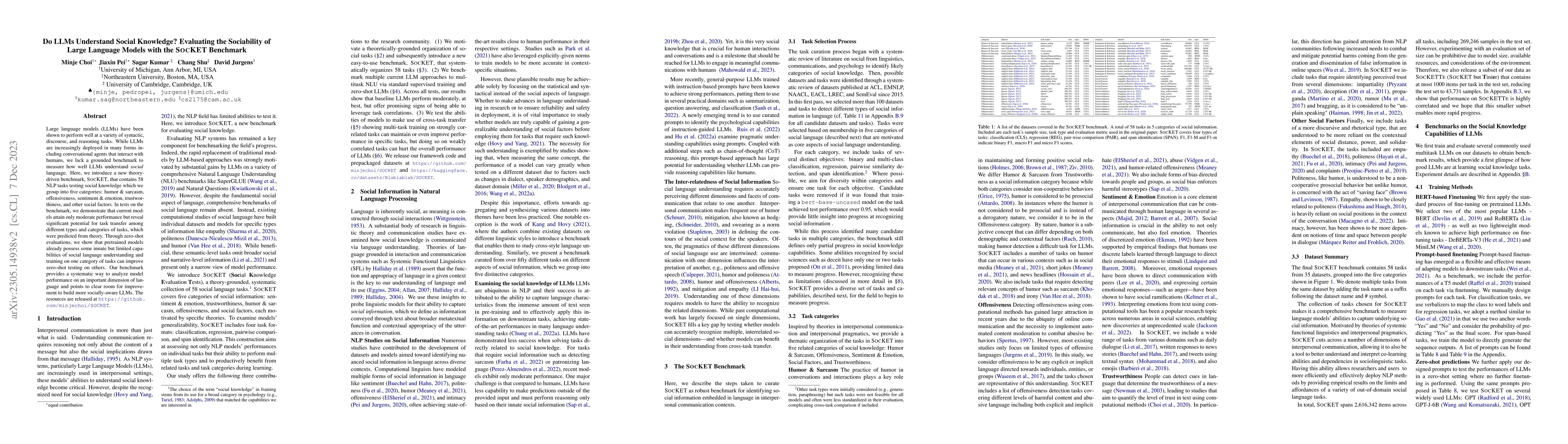 Thumbnail for Do LLMs Understand Social Knowledge? Evaluating the Sociability of Large
  Language Models with SocKET Benchmark