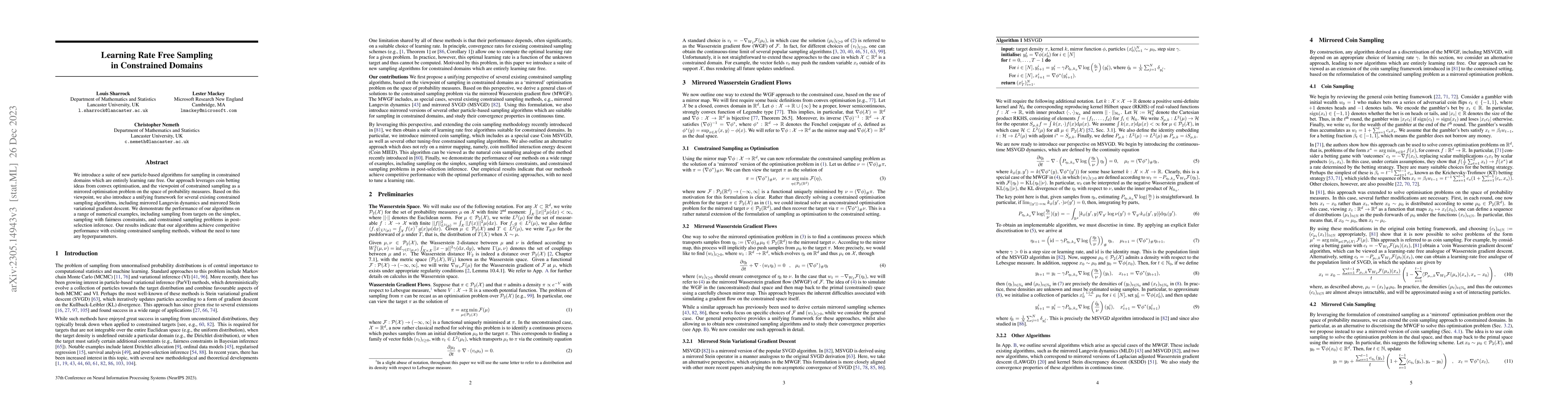 Thumbnail for Learning Rate Free Sampling in Constrained Domains