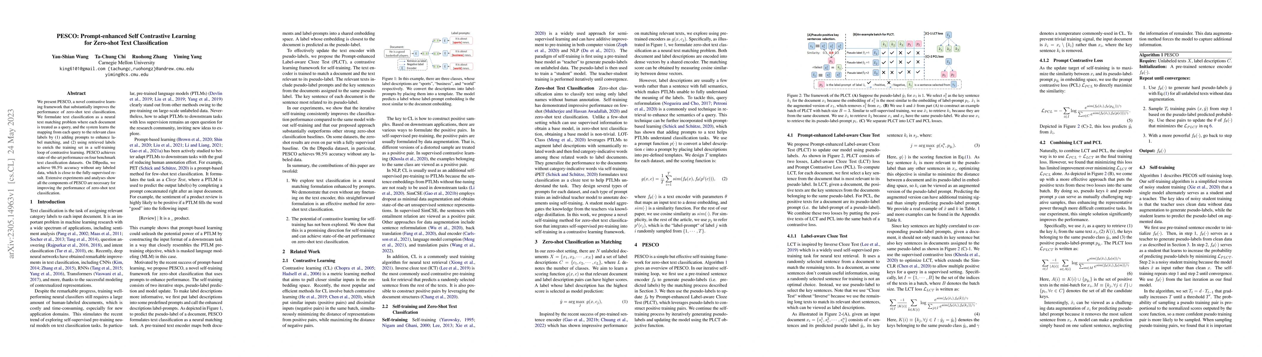 Thumbnail for PESCO: Prompt-enhanced Self Contrastive Learning for Zero-shot Text
  Classification