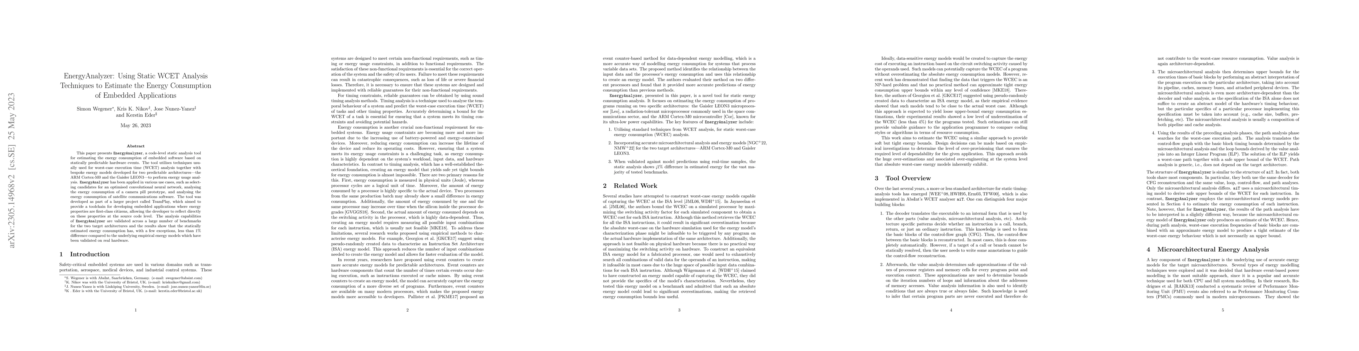 Thumbnail for EnergyAnalyzer: Using Static WCET Analysis Techniques to Estimate the
  Energy Consumption of Embedded Applications