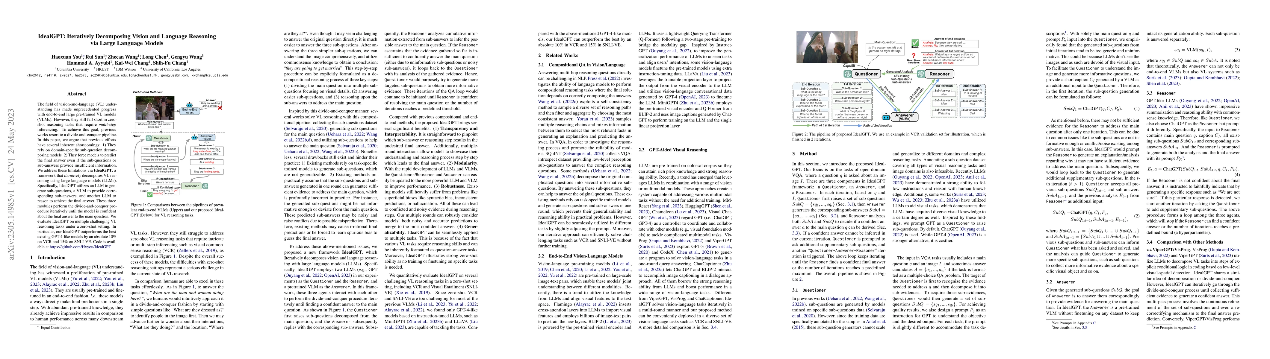 Thumbnail for IdealGPT: Iteratively Decomposing Vision and Language Reasoning via
  Large Language Models