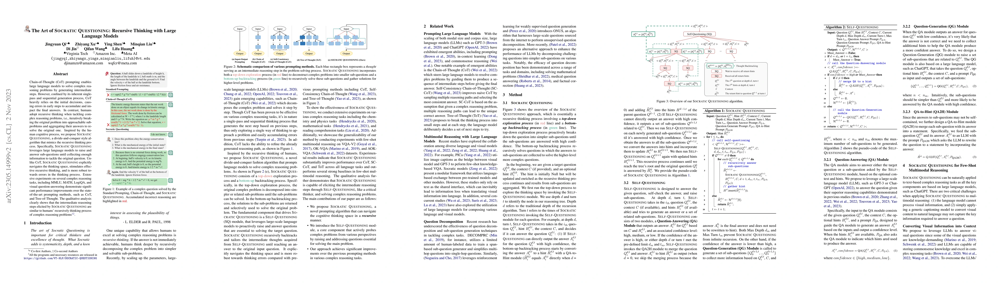 Thumbnail for The Art of SOCRATIC QUESTIONING: Recursive Thinking with Large Language
  Models