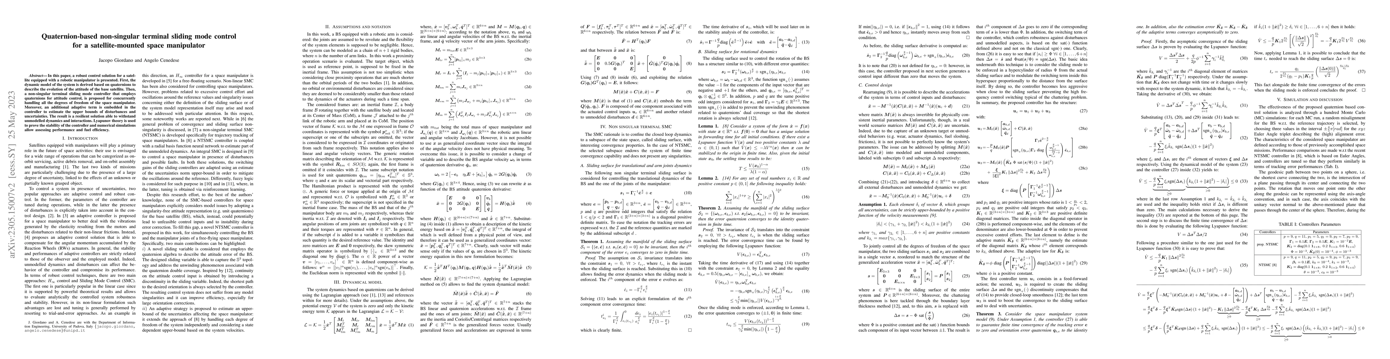 Thumbnail for Quaternion-based non-singular terminal sliding mode control for a
  satellite-mounted space manipulator