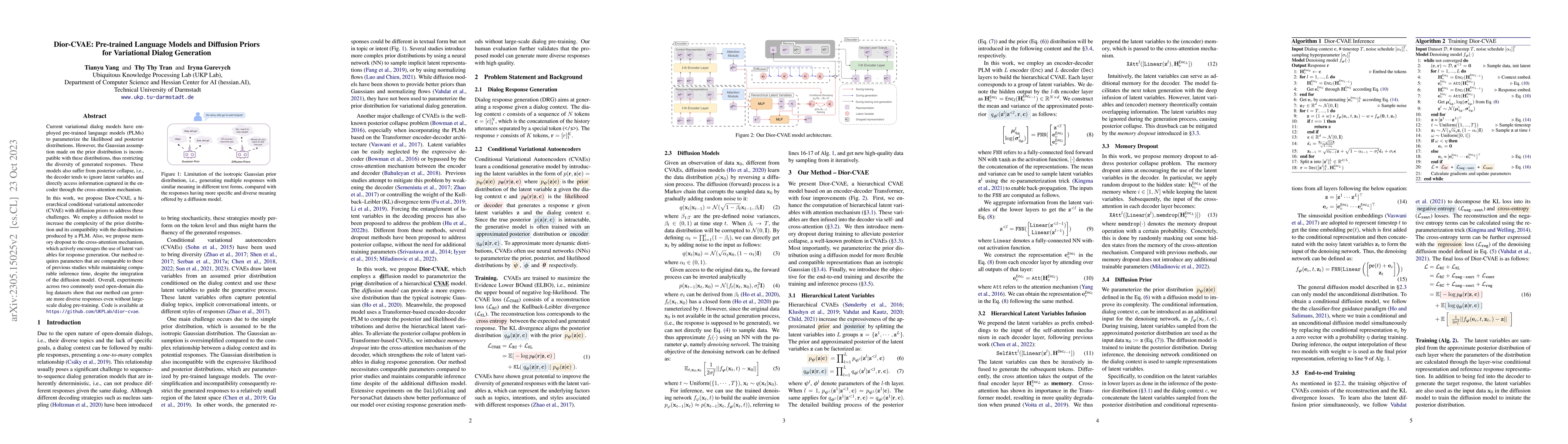 Thumbnail for Dior-CVAE: Pre-trained Language Models and Diffusion Priors for
  Variational Dialog Generation