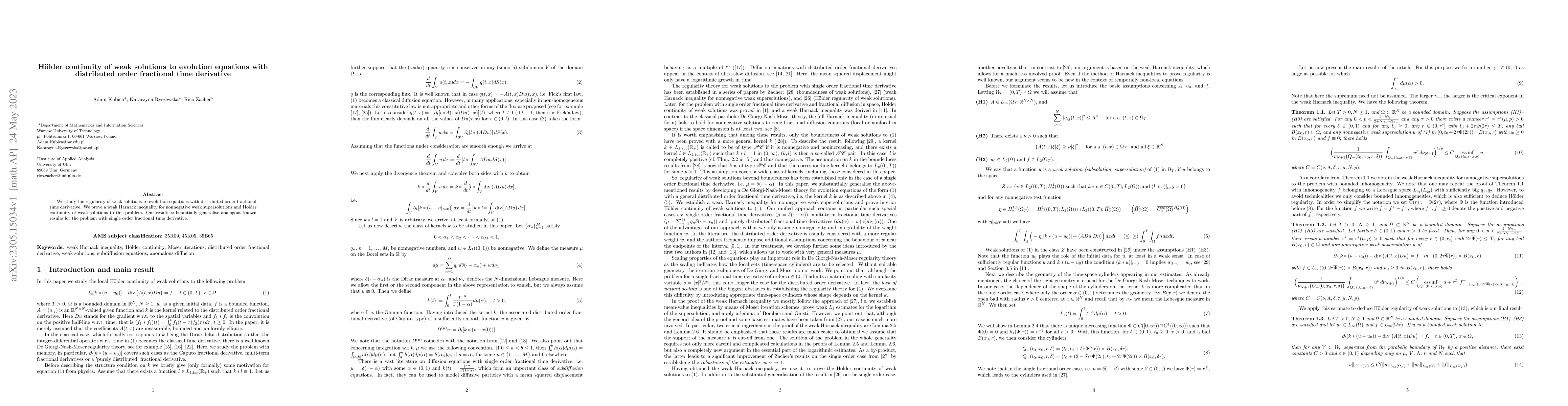 Thumbnail for Holder continuity of weak solutions to evolution equations with
  distributed order fractional time derivative