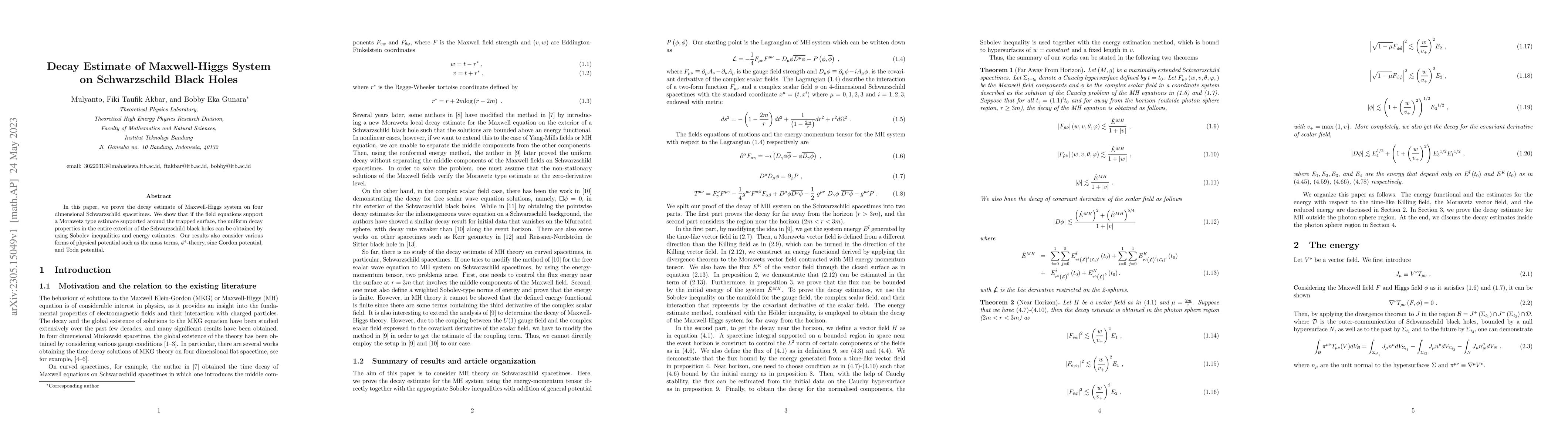 Thumbnail for Decay Estimate of Maxwell-Higgs System on Schwarzschild Black Holes