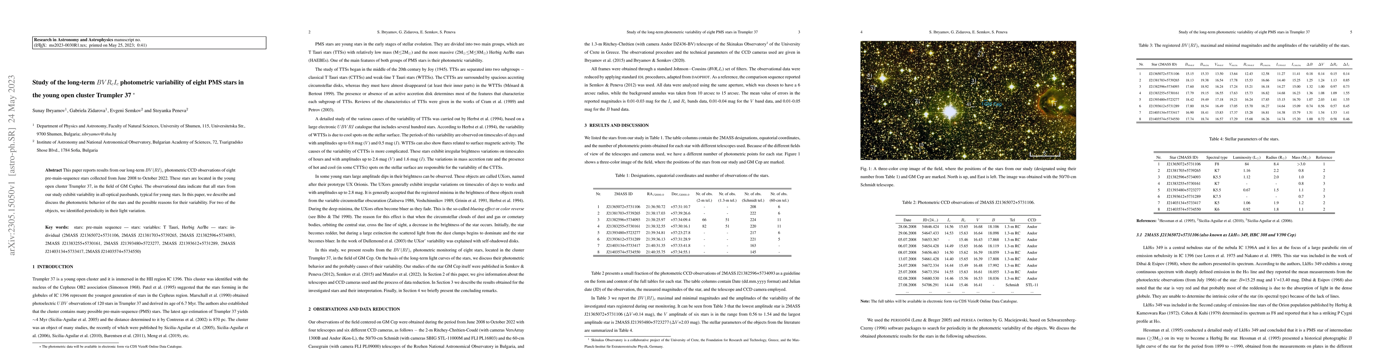 Thumbnail for Study of the long-term $BVR_{c}I_{c}$ photometric variability of eight
  PMS stars in the young open cluster Trumpler 37