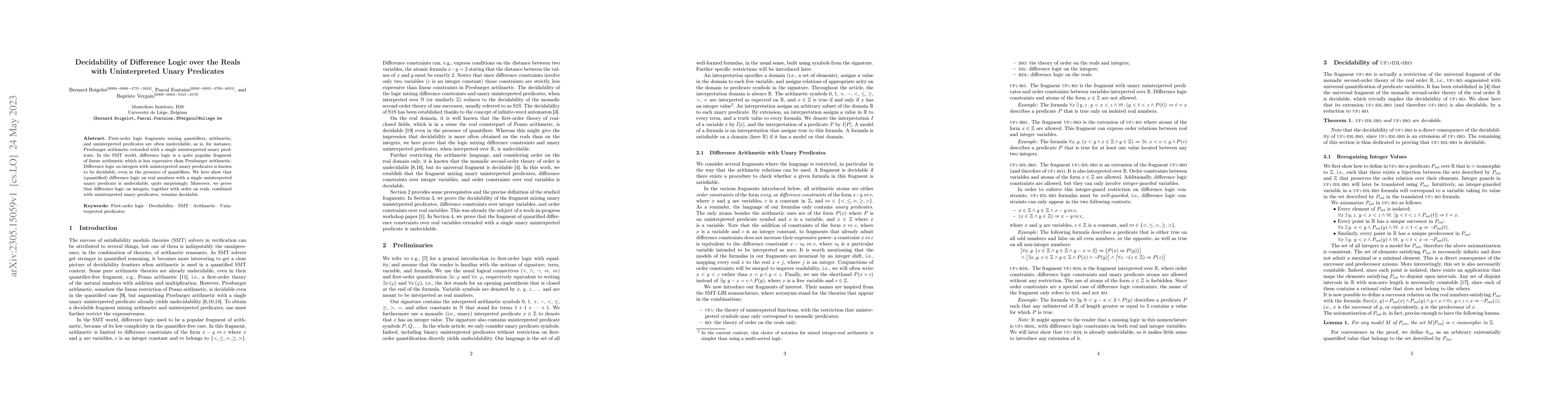 Thumbnail for Decidability of Difference Logic over the Reals with Uninterpreted Unary
  Predicates