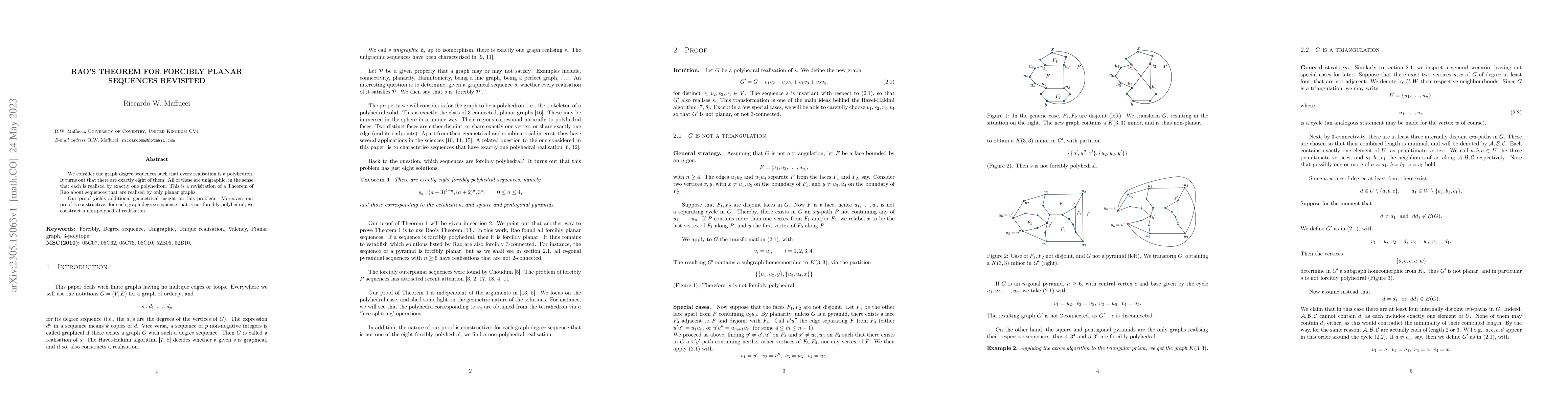 Thumbnail for Rao's Theorem for forcibly planar sequences revisited