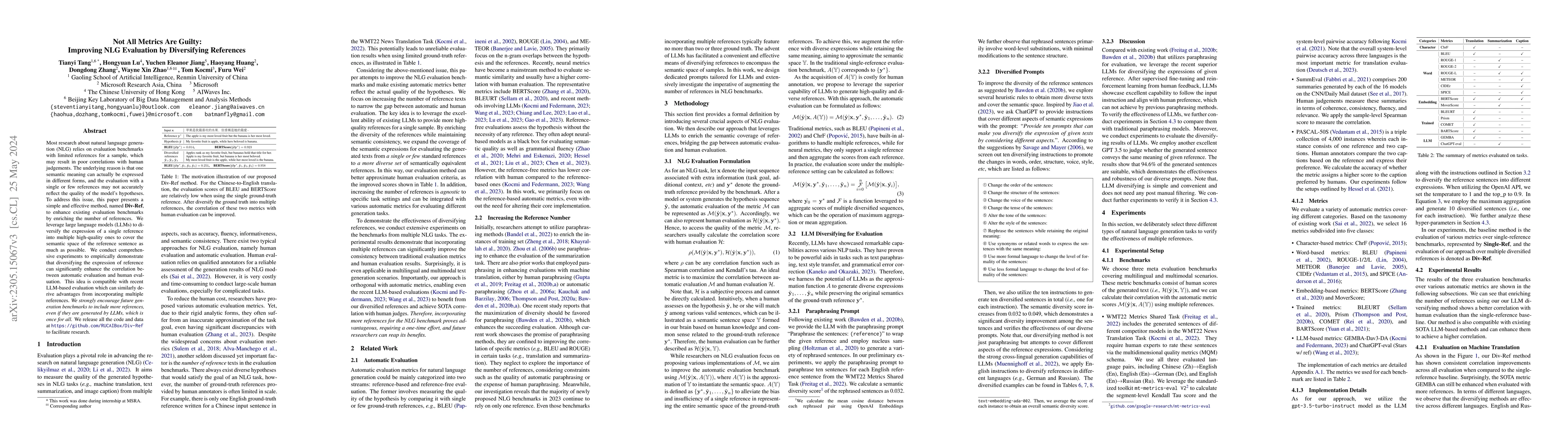 Thumbnail for Not All Metrics Are Guilty: Improving NLG Evaluation by Diversifying
  References