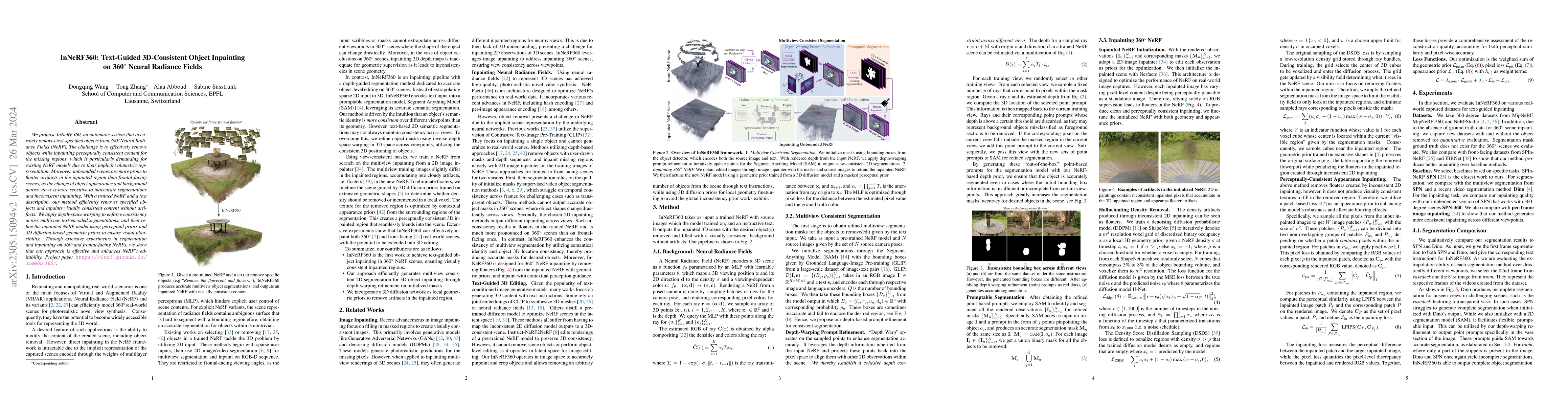 Thumbnail for InNeRF360: Text-Guided 3D-Consistent Object Inpainting on 360-degree
  Neural Radiance Fields