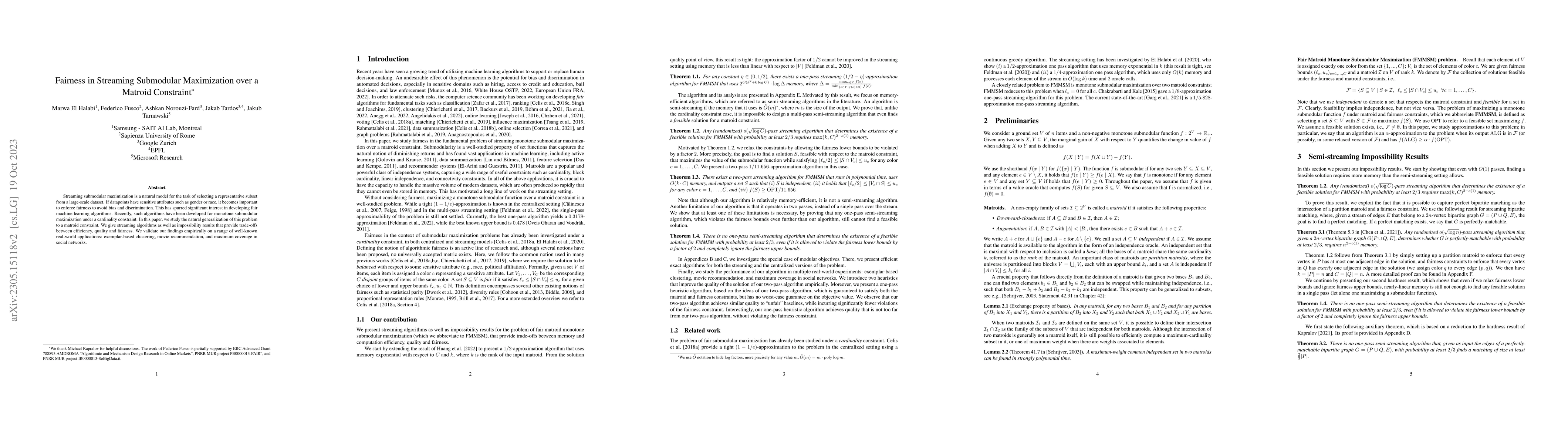 Thumbnail for Fairness in Streaming Submodular Maximization over a Matroid Constraint